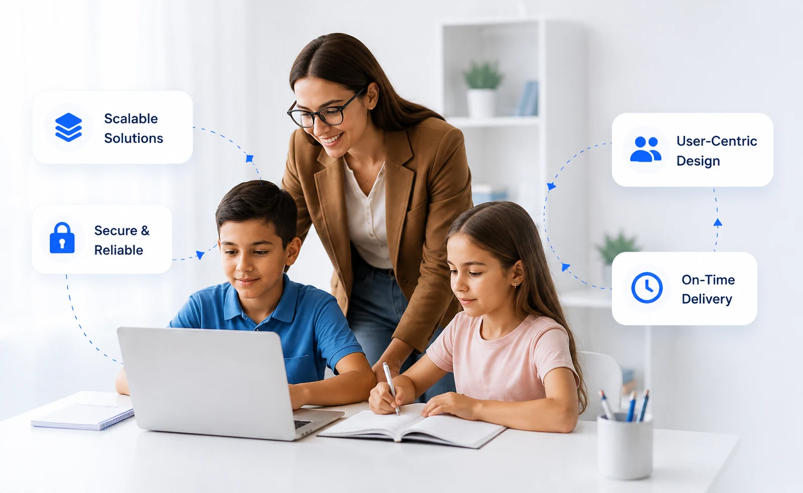 A teacher guiding two students through an online lesson