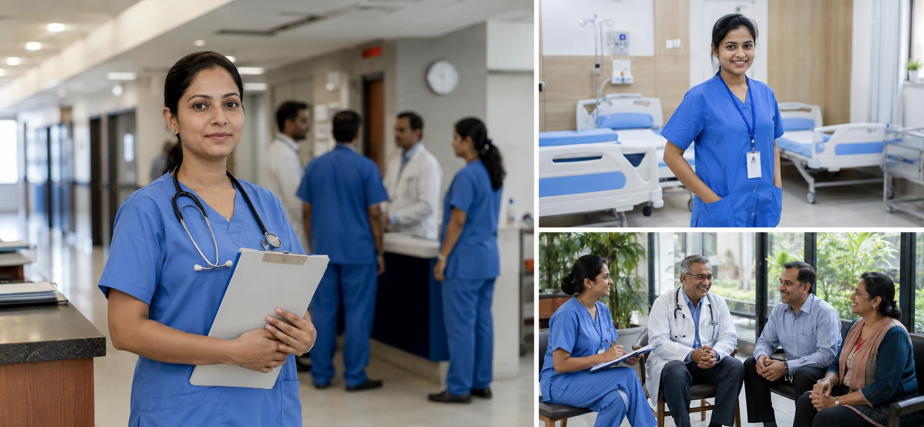A team of doctors and nurses in a hospital corridor