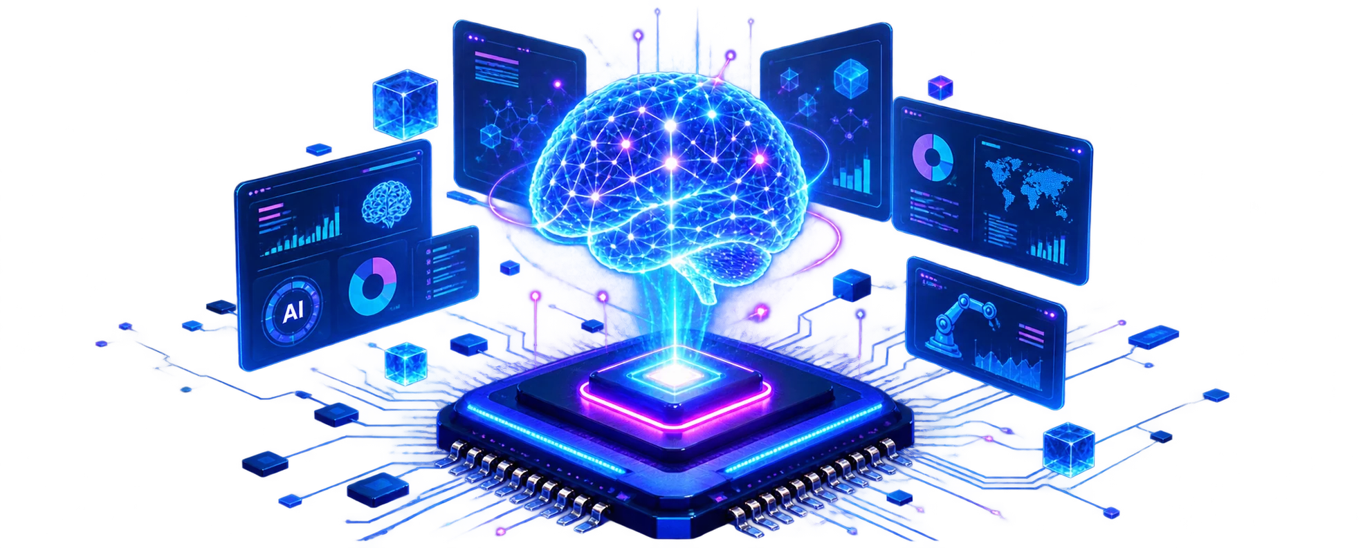 An AI processor visualised as a glowing neural network